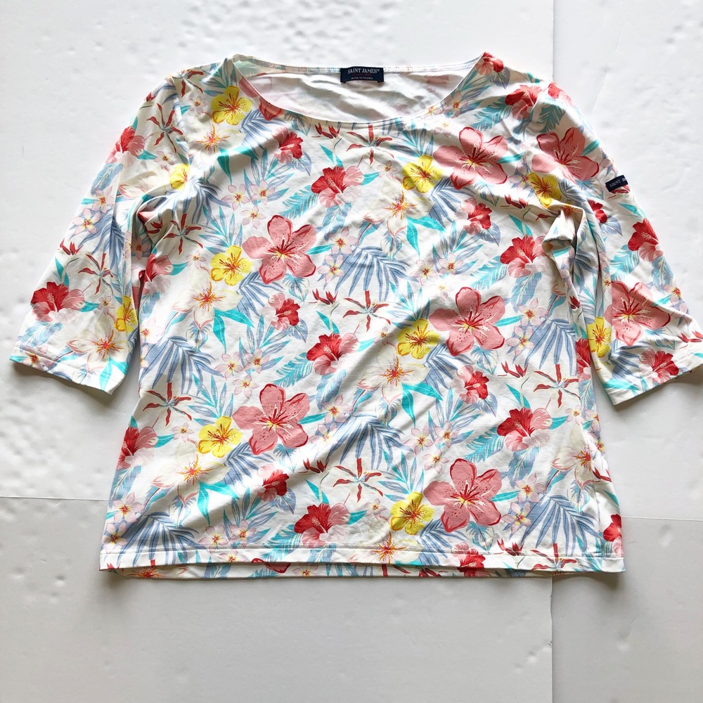 Saint James Top Womens 16 Floral Boat Neck 3/4 Sleeve Tropical Hibiscus Shirt